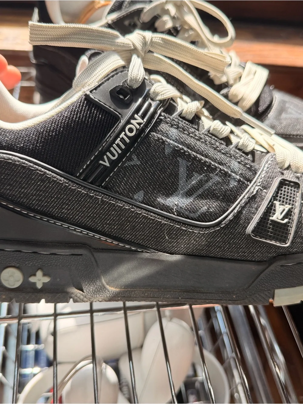 Louis Vuitton Men’s Black Denim Low-Top Sneakers with Cream Laces - Picture 2 of 8